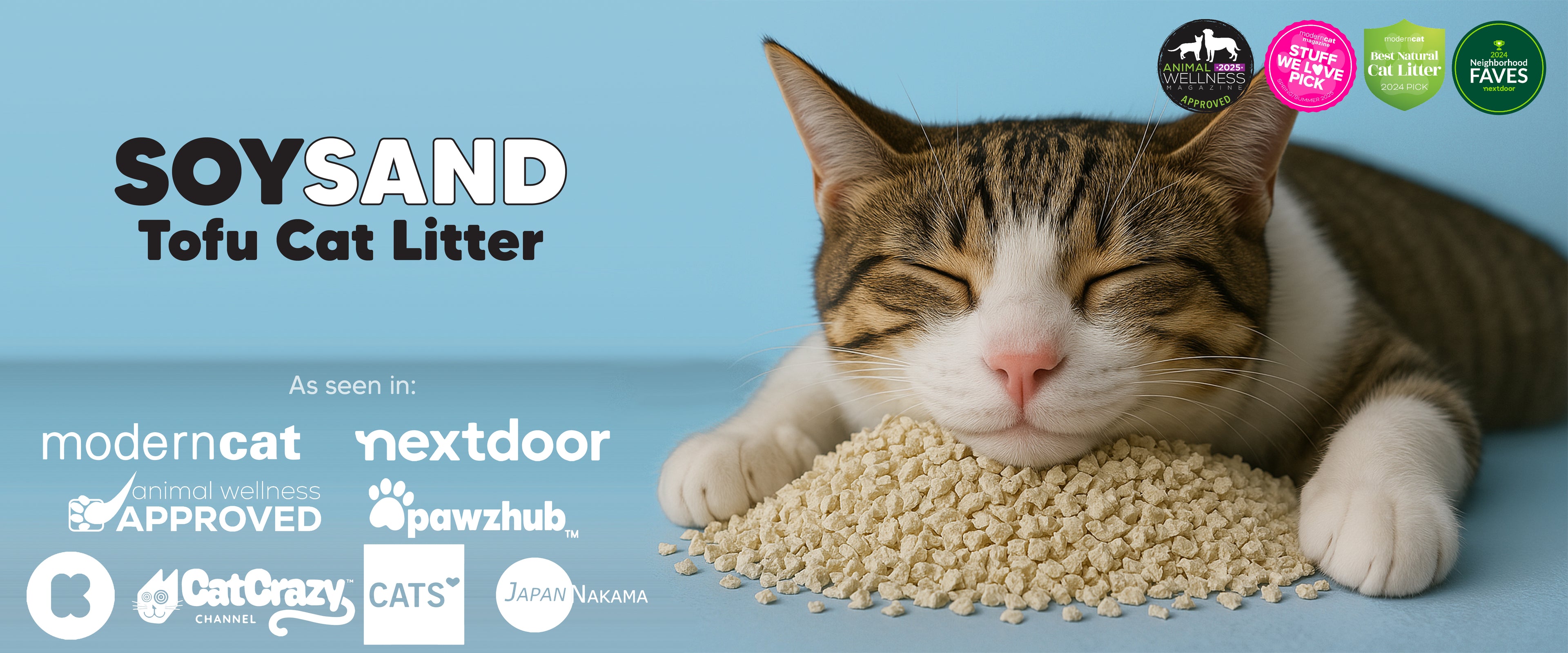 Cat lying on tofu cat litter with various brand logos displayed.